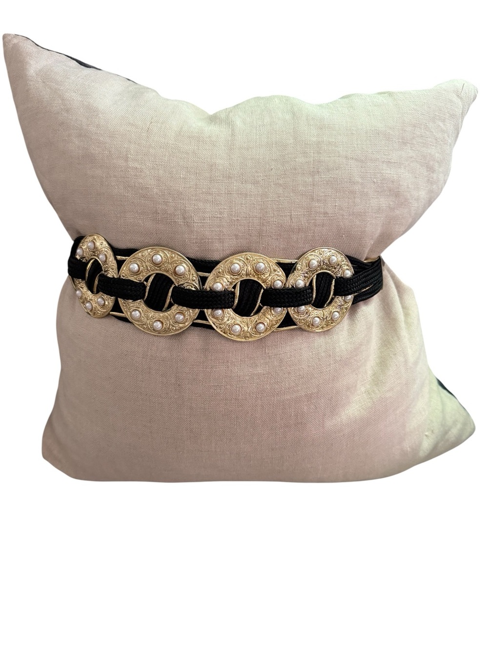 Vintage 90s Gold Tone Medallions W Pearl & Black Stretchy Women’s Statement Belt